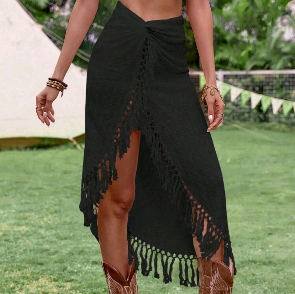 SHEIN Black Midi Fringe Wrap Skirt